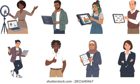 Illustration collection of diverse education and science professionals, including teachers, students, librarians, laboratory researchers, and a job fair recruiter. Ideal for academic institutions, STEM education, career development, inclusive workplaces, recruitment campaigns, and training materials.
