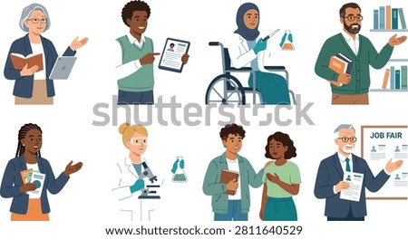 Illustration collection of diverse education and science professionals, including teachers, students, librarians, laboratory researchers, and a job fair recruiter. Ideal for academic institutions, STEM education, career development, inclusive workplaces, recruitment campaigns, and training materials.
