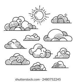 illustration of a collection of doodle clouds on a white background.