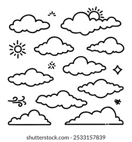 illustration of a collection of doodle clouds on a white background.
