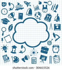Illustration Collection of Education Flat Simple Icons on School Grid Paper Sheet - Vector
