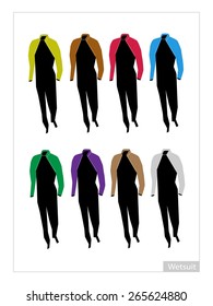 Illustration Collection of Eight Colors of Wetsuit or Diving Suit for Water Sports Isolated on White Background.
