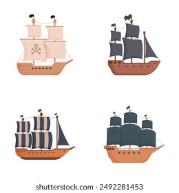 Illustration collection featuring four different cartoon pirate ships with various sail designs on a white backdrop