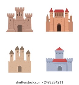 Illustration collection featuring four diverse styles of cartoon medieval castles