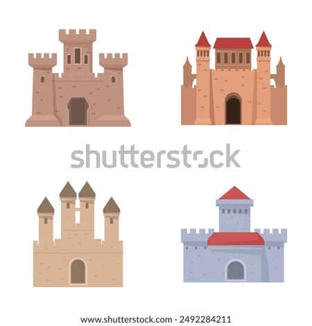 Illustration collection featuring four diverse styles of cartoon medieval castles