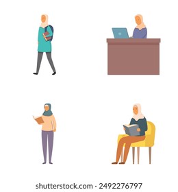 Illustration collection featuring individuals studying, working on laptops, reading, and sitting