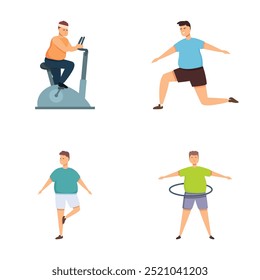 Illustration collection featuring men performing aerobic exercises, including cycling and stretching