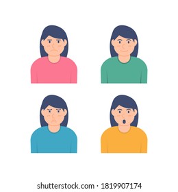 illustration of a collection of female characters with various expressions. expression happy, sad, shocked or gawking, and angry. vector face of a child. flat style. design elements