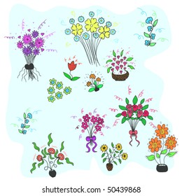 illustration with collection of flowers isolated on white background