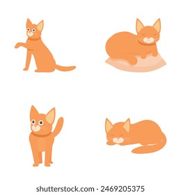 Illustration collection of four adorable cartoon cats sitting, lying, and stretching on a white background
