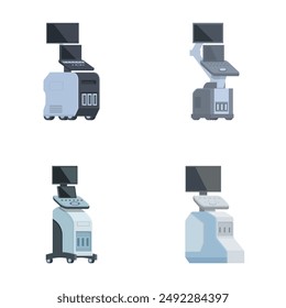 Illustration collection of four contemporary ultrasound machines with monitors in various designs