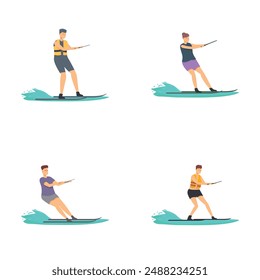 Illustration collection of four diverse water skiers gliding on waves