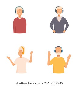 Illustration collection of four joyful people of different ages wearing headphones, isolated on a white background