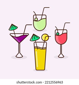 Illustration einer Kollektion von Vektorbildern von Obstsaft. Sammlung von Fruchtsaft in einem Glas. Unter ihnen sind Orangensaft, Melone, Avocado, Wassermelone, Erdbeeren und Trauben