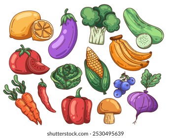 Ilustración de una colección de frutas y verduras, incluyendo naranjas, berenjenas, brócoli, pepinos, tomates, repollo, remolacha, maíz, plátanos, arándanos, zanahorias, chiles, pimienta y champiñones