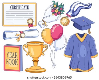 illustration collection of graduation-themed elements, including an academic cap, diploma, medal, gown, trophy, yearbook, bouquet of flowers, certificate, and celebratory balloons. 