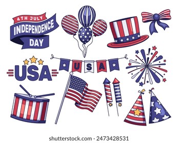 Illustration of a collection of graphic elements on the theme of USA Independence Day. Featuring ribbons, American flag-patterned balloons, a top hat, flags, fireworks, drums, and party hats