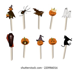 Illustration Collection of Halloween Evils and Halloween Items on Wooden Sticks for Halloween Celebration. 