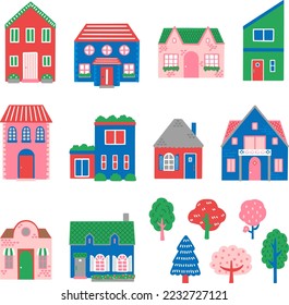 illustration collection of hand drawn houses and trees