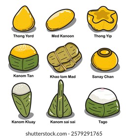 Illustration Collection of hand drawn Thai desserts Isolated background
