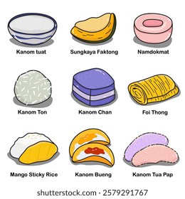 Illustration Collection of hand drawn Thai desserts Isolated background
