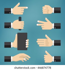 Illustration of collection of hand gestures on the blue background.