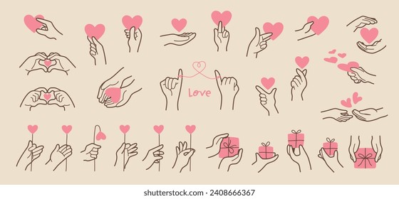 Illustration collection of hands in various poses giving love and gifts	
