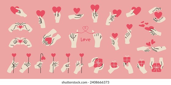 Illustration collection of hands in various poses giving love and gifts	
