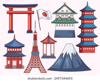 Illustration of a collection of iconic Japanese landmarks, including a traditional Torii gate, a pagoda, a castle, Mt. Fuji, and Tokyo Tower.
Perfect for Japanese-themed designs, cards, brochures, etc