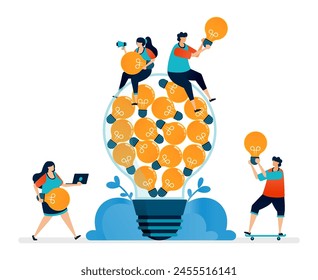 illustration of collection of ideas input into a light bulb