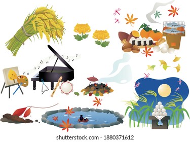 Illustration collection of Japanese autumn traditions, landscapes and food