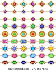 Coleção de ilustração de elementos de design de joias: correntes de ouro, pulseiras, bordas, pedras preciosas de diferentes cores e cortes.