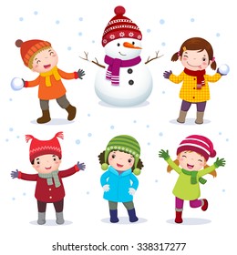 Illustration in collection of kids with snowman in winter costume