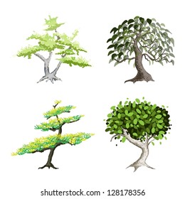 An Illustration Collection of Landscaping Tree Symbols or Isometric Trees and Plants, Variety of Plants, Evergreens and Trees for Garden Decoration