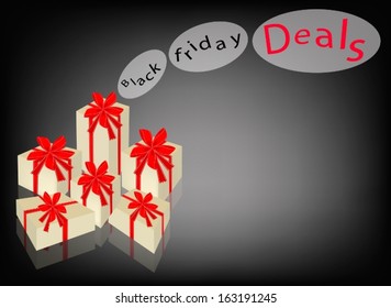 An Illustration Collection of Lovely Gift Boxes with Red Ribbon and Bow on Black Friday Background with Copy Space and Text Decorated, Sign for Start Christmas Shopping Season. 