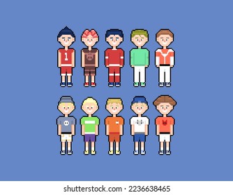 illustration collection of male characters or boys. pixel character with different hair and wearing different outfits. illustration with the pixel art style. video game assets. vector element design