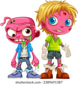 Illustration of a collection of male zombie characters with pink skin