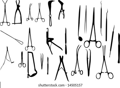 illustration with collection of medical instruments silhouettes