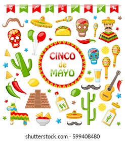 Illustration Collection of Mexican Icons Isolated on White Background. Objects and Symbols for Cinco de Mayo - Vector