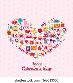 Illustration Collection of Modern Flat Design Icons for Happy Valentine's Day, Romantic Symbols Arranged in Form of Heart - Vector