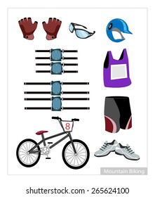Illustration Collection of Mountain Bike Equipment and Accessory Isolated on White Background.
