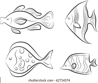  illustration. Collection of original styled fishes.