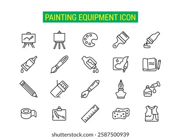 Illustration collection of painting equipment icons including brushes, palettes, easels, and tools for artistic endeavors. Ideal for graphics design, art tutorials, and creative educational materials.