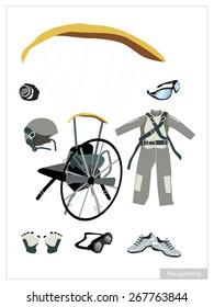 Illustration Collection of Paraglider or Paramotor Equipment and Accessory Isolated on White Background.
