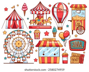 Illustration of collection related to carnivals. includes classic carnival attractions and item such as a striped circus tent, carousel with horses,  hot air balloon,  popcorn stand, Ferris wheel, etc