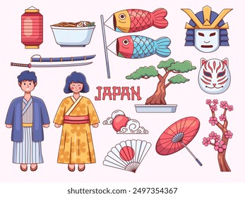 Colección de ilustración que representa la cultura japonesa, incluye ropa tradicional, con una figura masculina y femenina vestida con kimono y yukata, linterna roja, ramen en un cuenco, katana, koinobori, etc