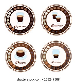 An Illustration Collection of Retro Styled Coffee Labels, Espresso, Doppio and Ristretto 