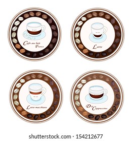 An Illustration Collection of Retro Styled Coffee Labels, Cafe au Lait (France), Latte, Latte Macchiato and Dry Cappuccino 