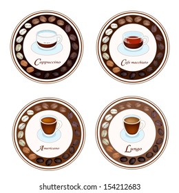 An Illustration Collection of Retro Styled Coffee Labels, Cappuccino, Cafe Macchiato, Americano and Lungo 