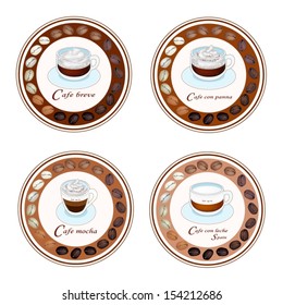 An Illustration Collection of Retro Styled Coffee Labels, Cafe Breve, Cafe Con Panna, Cafe Mocha and Cafe con Leche (Spain) 